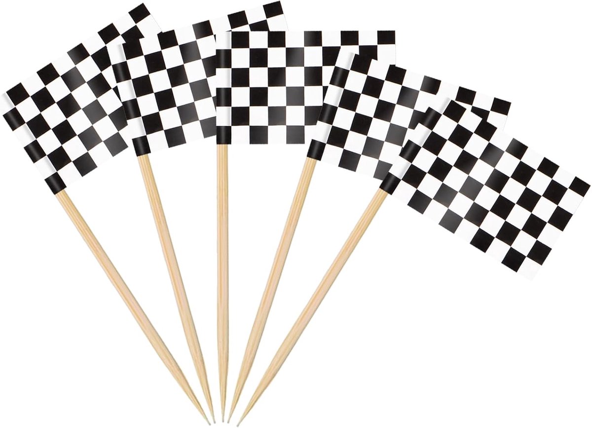 100 stuks zwart-wit geruite tandenstokervlaggen taarttoppers, mini racevlag voor raceauto feest, raceauto verjaardagsdecoraties, pub club festival business party sport evenementen decor
