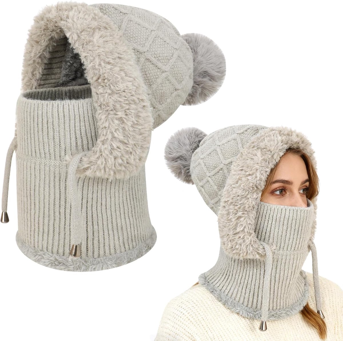 Bivakmuts voor dames, warme gebreide thermische muts, wintermutsen voor dames met fleecevoering, multifunctionele verstelbare wintermuts, fleece capuchon, snood met nekwarmer voor