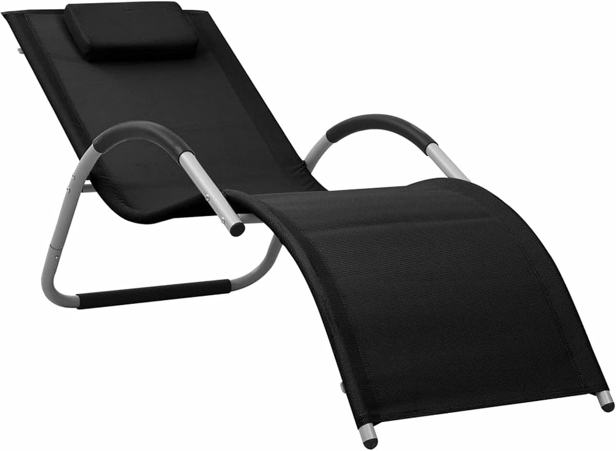 Zonneligstoel met kussen, tuinligstoel, relaxstoel, strandstoel, zwembadstoel, ligstoel, tuinmeubelen, aluminium, textiline zwart