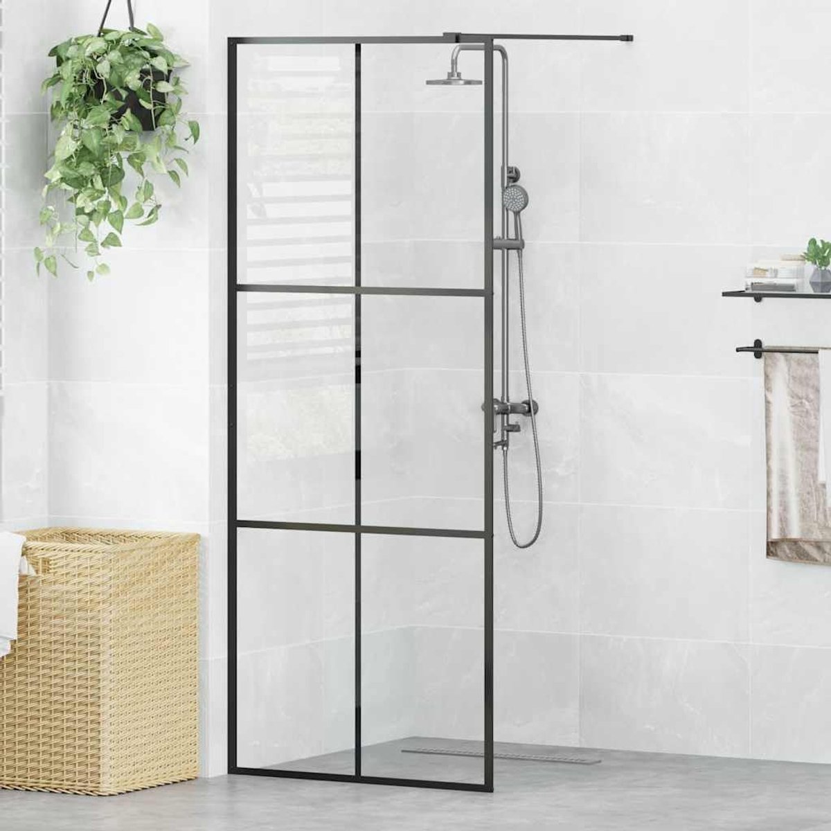 Douchewand voor inloopdouche, 80 x 195 cm, douchewand van ESG-veiligheidsglas, zwart, stabiele douchewand met aluminium frame