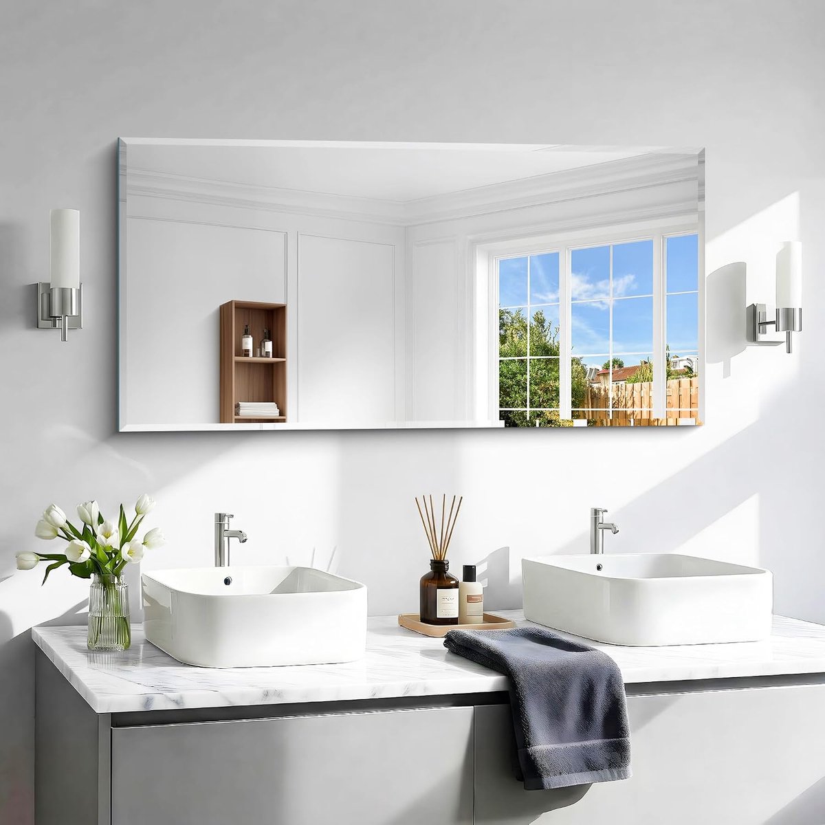 Wandspiegel, 60 x 120 cm, frameloze badkamerspiegel met afgeronde hoeken, rechthoekige spiegel voor badkamer, slaapkamer, woonkamer, horizontaal of verticaal