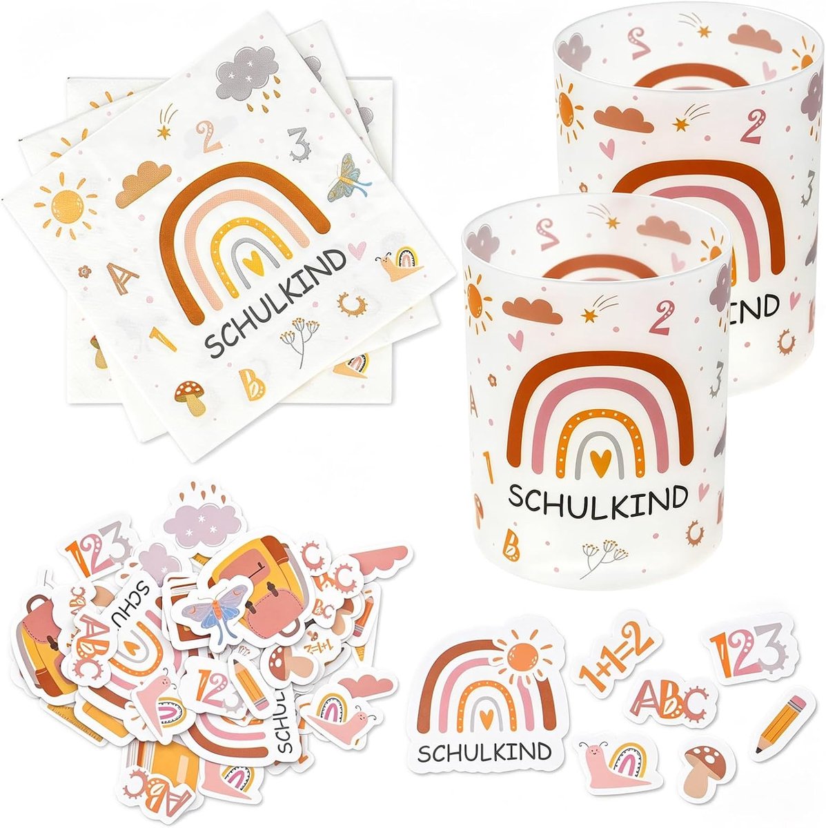 20 stuks servetten voor de eerste schooldag + 12 windlichten + 50 confetti strooidecoratie, decoratie voor de eerste schooldag, jongens en meisjes, regenboog, tafeldecoratie, eerste schooldag