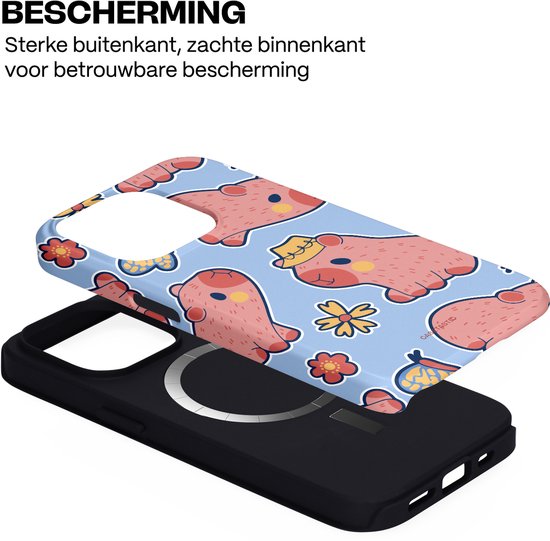 Telefoonhoesje met capibara's en bloemenprint op blauwe achtergrond. Zwarte binnenhoes.