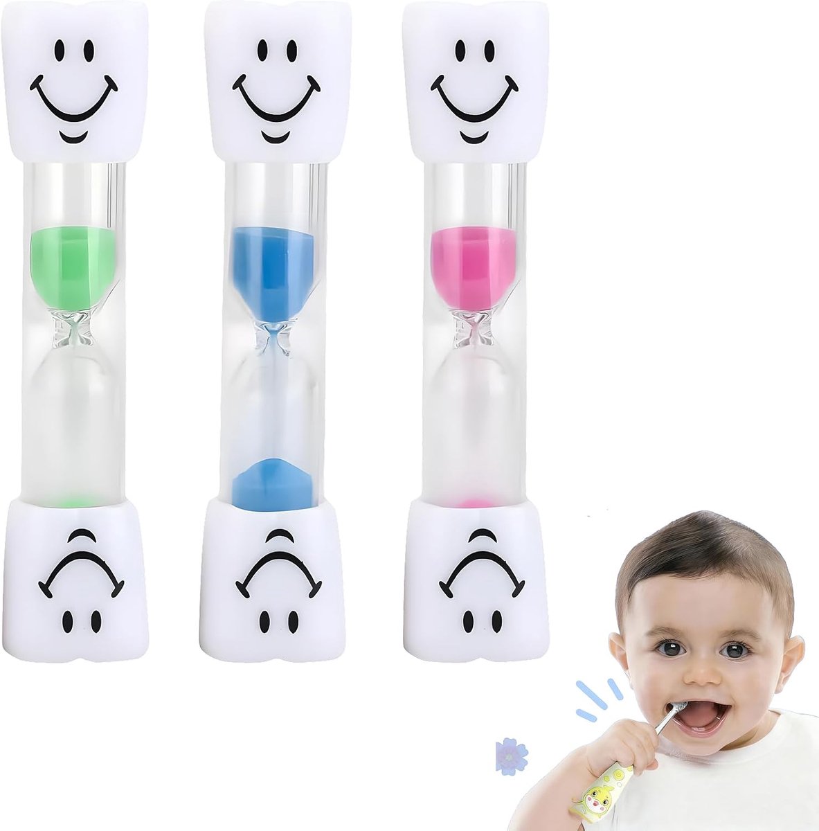 3-delige zandloperset voor kinderen, 3 minuten, zandloper, tandenpoetsen voor kinderen, grappige tandenpoetsen, timer met smiley, zandloper tandenpoetsen 3 minuten peuters, kleurrijke zandloper voor