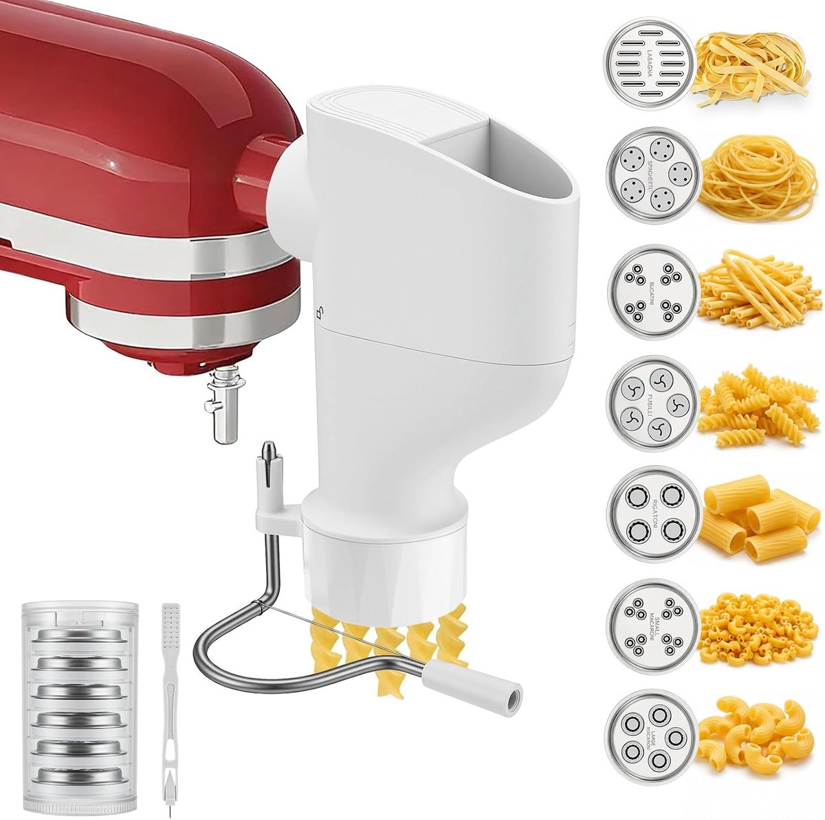 Pasta-opzetstuk voor Kitchenaid staande mixer, pastamachine, Kitchenaid met 7 vormplatten voor zelfgemaakte spaghetti, macaroni, fusilli en meer