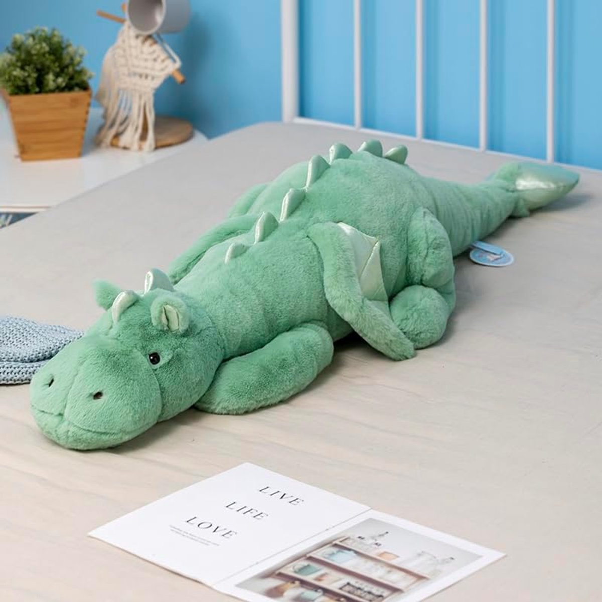 knuffeldier, 90 x 34 x 12 cm, medium pluche draak, speelgoed voor kinderen, roze, wit, groen en blauw verkrijgbaar, zeer schattige pluche draak