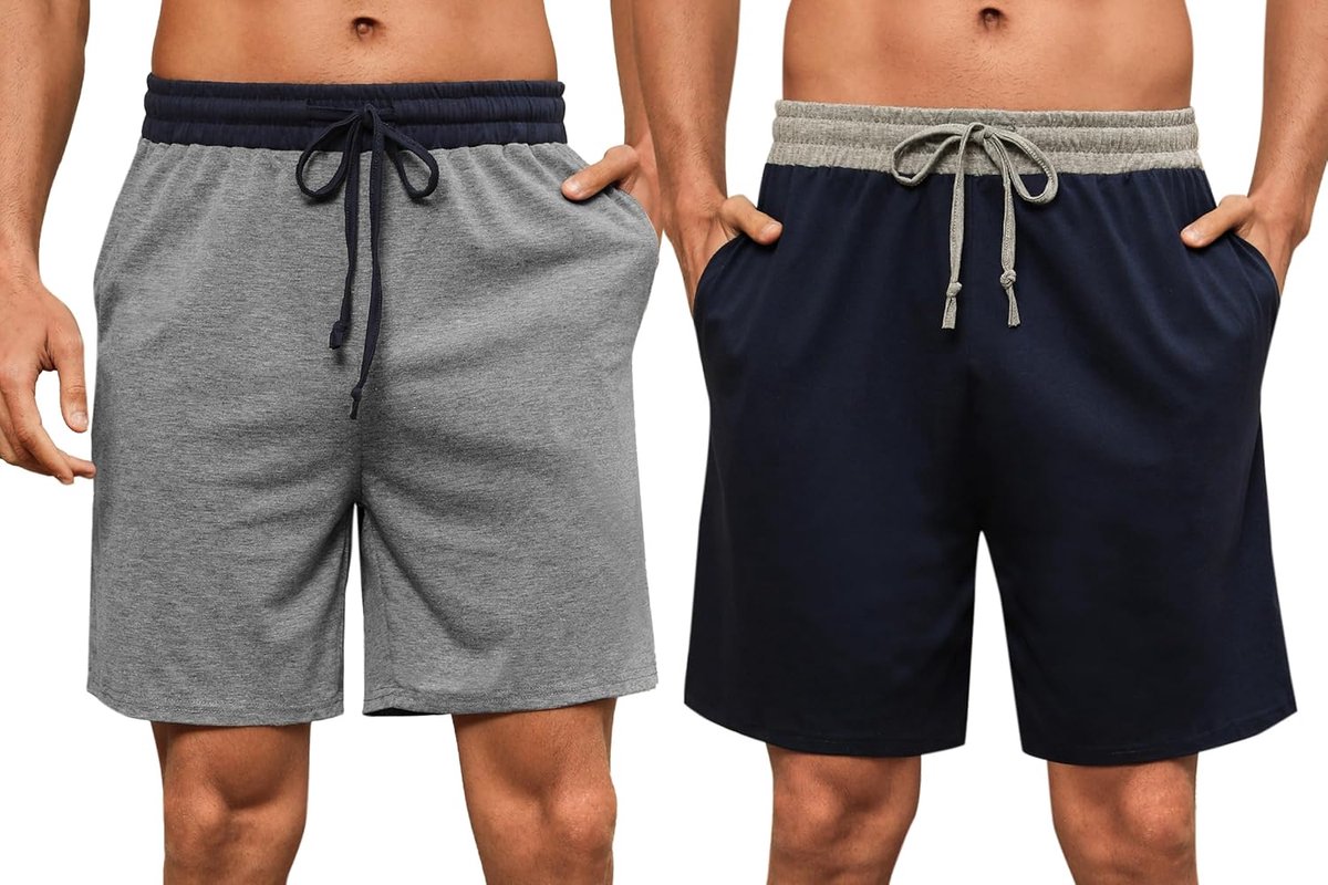 2-pack pyjamabroek voor heren, korte katoenen zomerpyjamabroek, vrijetijdsbroek, loungebroek met zijzakken en elastische tailleband