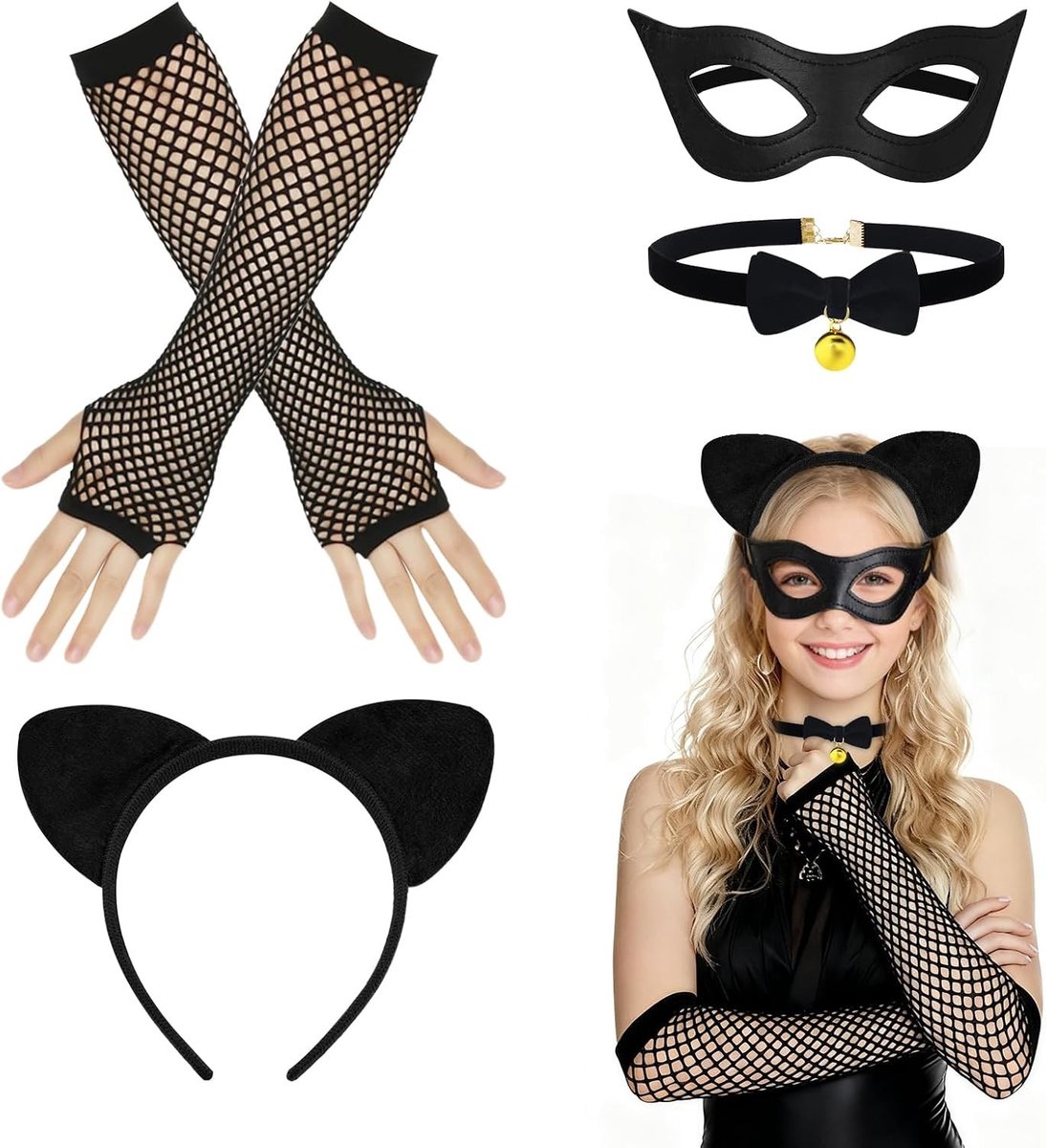 Zwart Kat Kostuum voor Vrouwen en Kinderen met Oren, Halsketting, Masker en Handschoenen voor Halloween en Carnaval