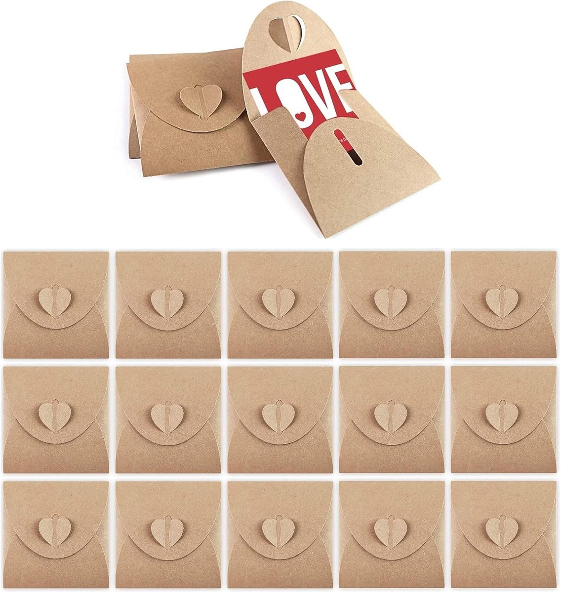 50 Stuks Lege Enveloppen van Kraftpapier, Enveloppen van Kraftpapier, Hartenveloppen, Cadeau-Envelop met Kraftpapier, Gebruikt voor Ansichtkaarten, Cadeaubonnen (Bruin)