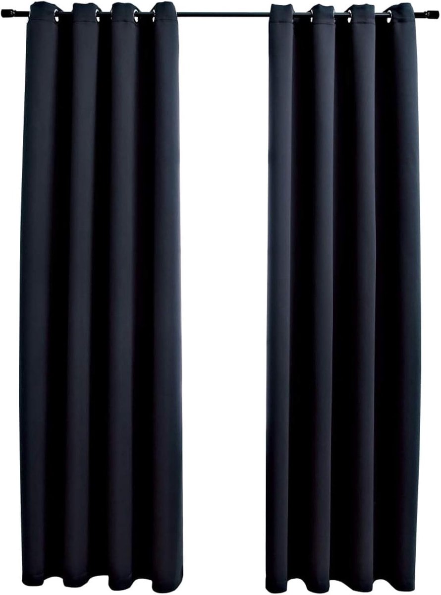 Verduisteringsgordijnen van zwarte stof met metalen ringen, 140 x 175 cm, verduisteringsgordijnen voor binnen, slaapkamer, raamgordijnen, verduisteringsgordijnen met inslagringen, 2 stuks