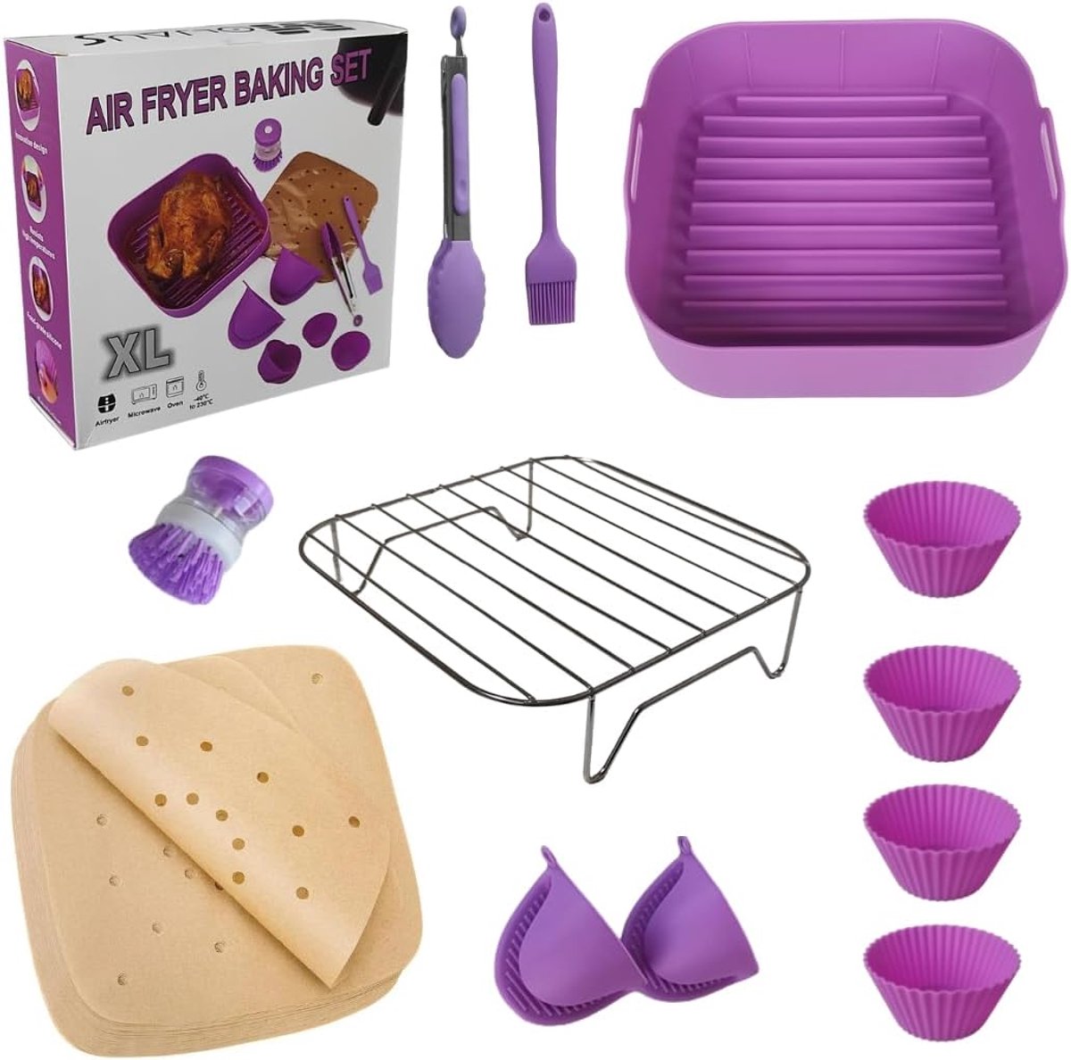 Accessoires 8 Accessoires air fryer. Inclusief luchtfriteuse vorm 22 cm, luchtfriteuse papier, kwast, handschoenen, luchtfriteuse tang, 4 muffinvormpjes en luchtfryer rooster. Paarse set.