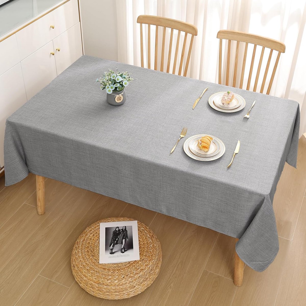 Tafelkleed met linnenlook, afwasbaar, lotuseffect, rechthoekig, 140 x 220 cm, tafelzeil, waterafstotend, tafellinnen, vlekbescherming, lichtgrijs