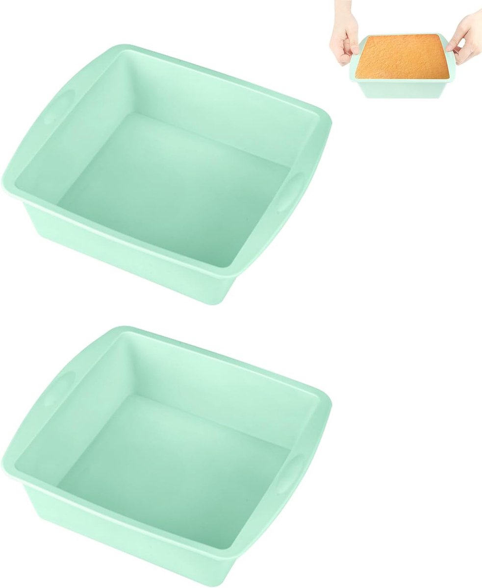 2 stuks siliconen cakevorm, vierkante gelaagde cakevorm, taartbakvormset, binnenafmetingen 13,3 x 13,3 x 5,4 cm, lichtgroen voor gelaagde cake, brood