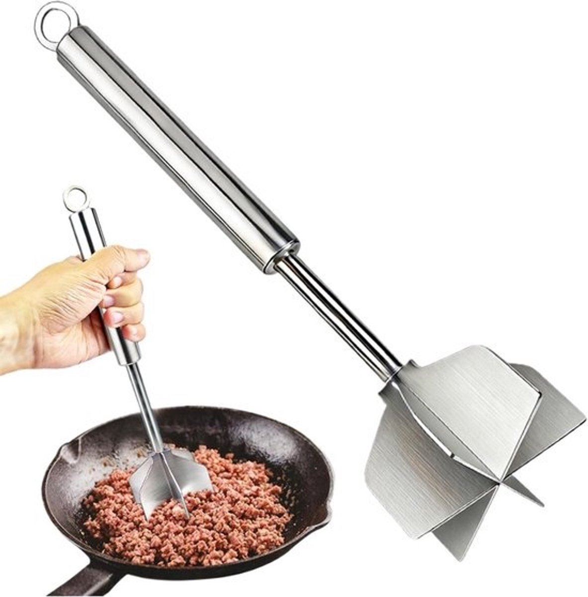 Gehaktmolen - Vleeshakker Stamper - Maaltijdvoorbereiding - Roestvrijstalen Ontwerp - 26 cm - Zilver