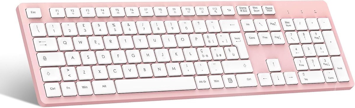 Draadloos toetsenbord, volledig formaat, Italiaanse QWERTY-lay-out, ergonomische USB-lay-out, 2,4 GHz met cijferblok voor pc, laptop, Mac OS, MacBook Pro/Air, Windows-roze en wit