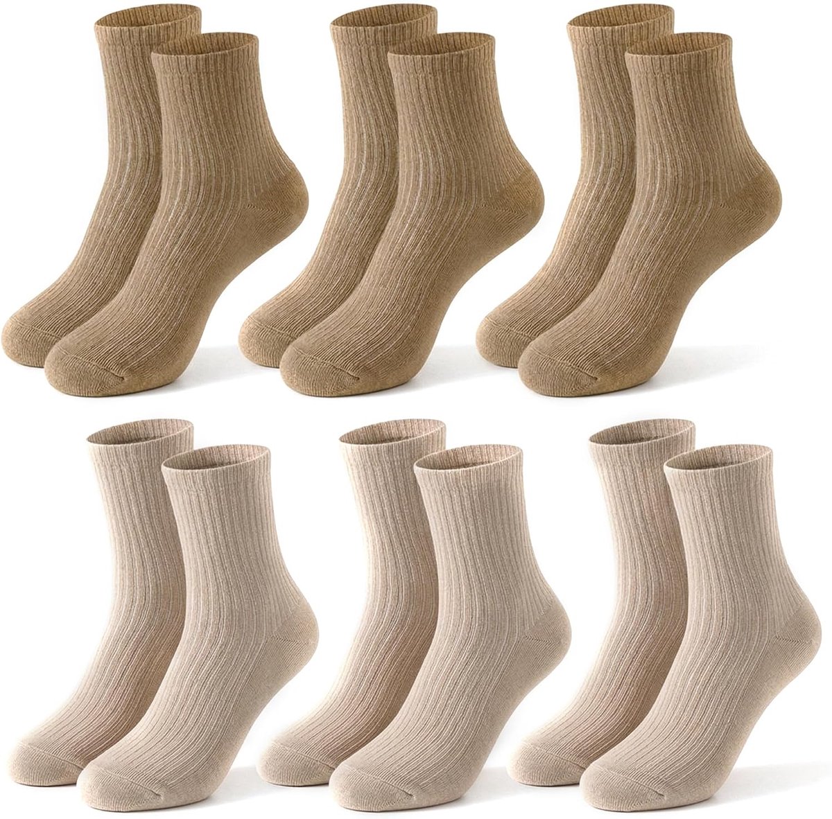 Sokken van katoen, 3 beige en 3 bruin, ademend, ideaal voor sport, vrije tijd en feestjes, duurzaam en zacht, perfect voor laarzen en dagelijks gebruik