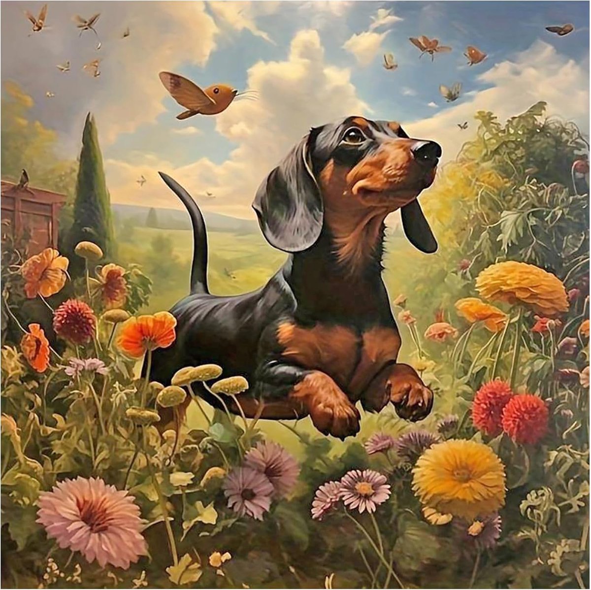 Diamond Painting Hond 30 x 30 cm Diamond Painting bloemenweide schilderen op nummer, schattig dier, borduurafbeeldingen, volwassenen, beginners, vogel en vlinder, doe-het-zelf mozaïekkunst