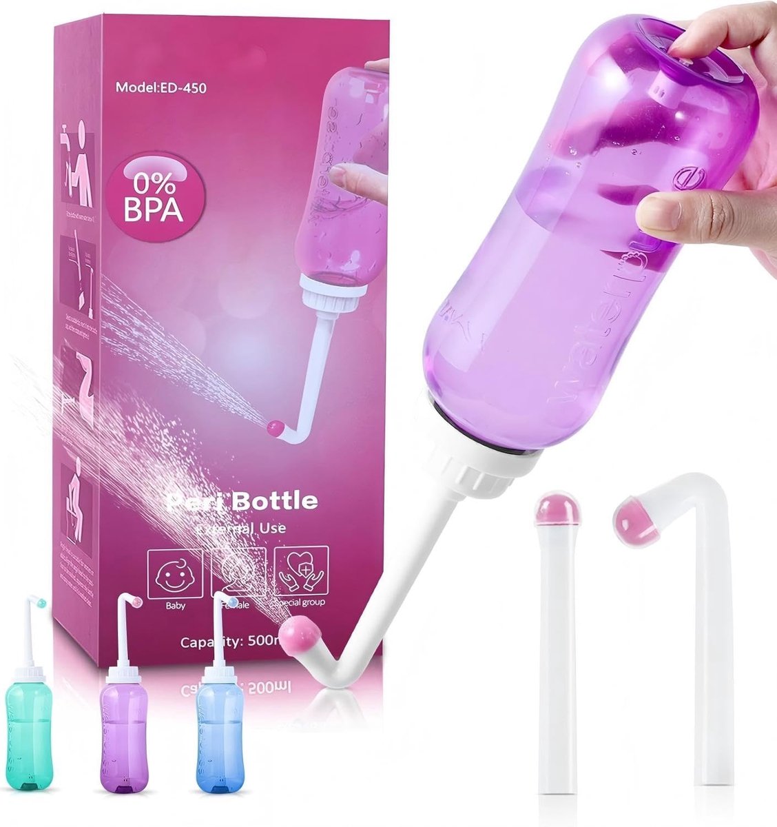 Intieme douche voor toilet, billendouche voor vrouw met knop, intieme douche, weekbed en draagbaar bidet met 2 sproeiers, 500 ml, mobiel toilet, waterdicht, bildouche voor vrouwen, paars