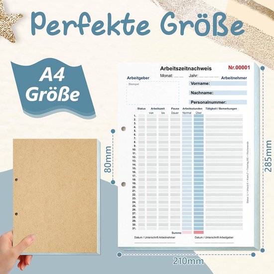 5 boeken, urenboek voor werk, A4, werktijdregistratie, blok voor 31 dagen, uurbewijs, maandelijks met rugkarton, werktijdregistratie, boek, uurlijst voor minijob, volledige tijd, 2 x 50 vellen, wit — afbeelding 2