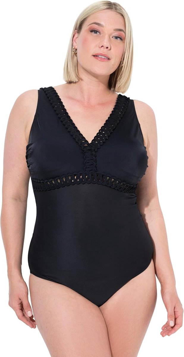 Popken Dames Laura, string detail badpak, zwart, 54
