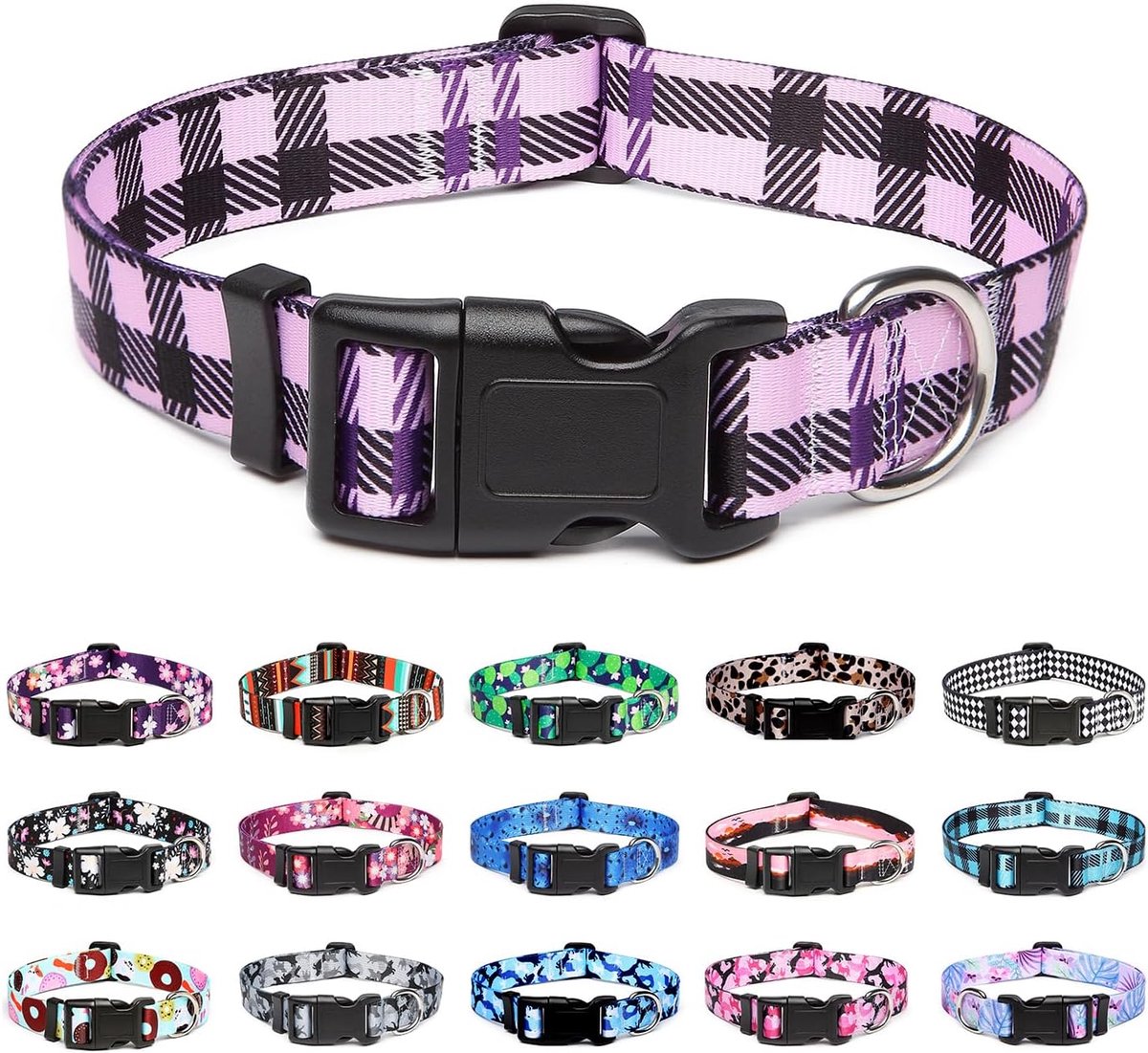 Verstelbare hondenhalsband - speciale ontwerpen, zachte comfortabele duurzame nylon halsband voor kleine, middelgrote en grote honden, S, paars geruit