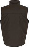 Donkerbruine bodywarmer, lange rug, met opstaande kraag.