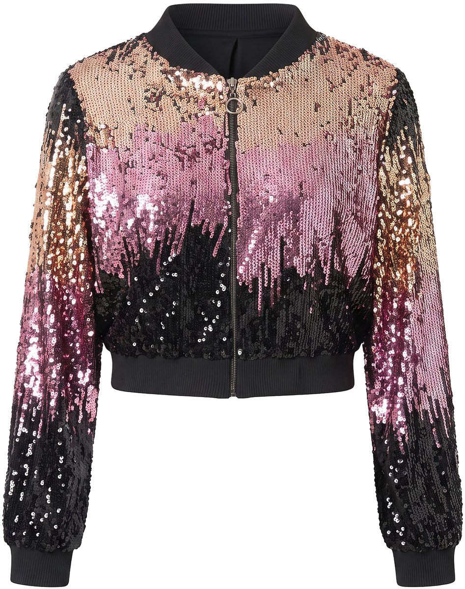 Ulla Popken - Dames - Blouson classic fit pailletten kleurverloop collegekraag - Zwart - Maat 44