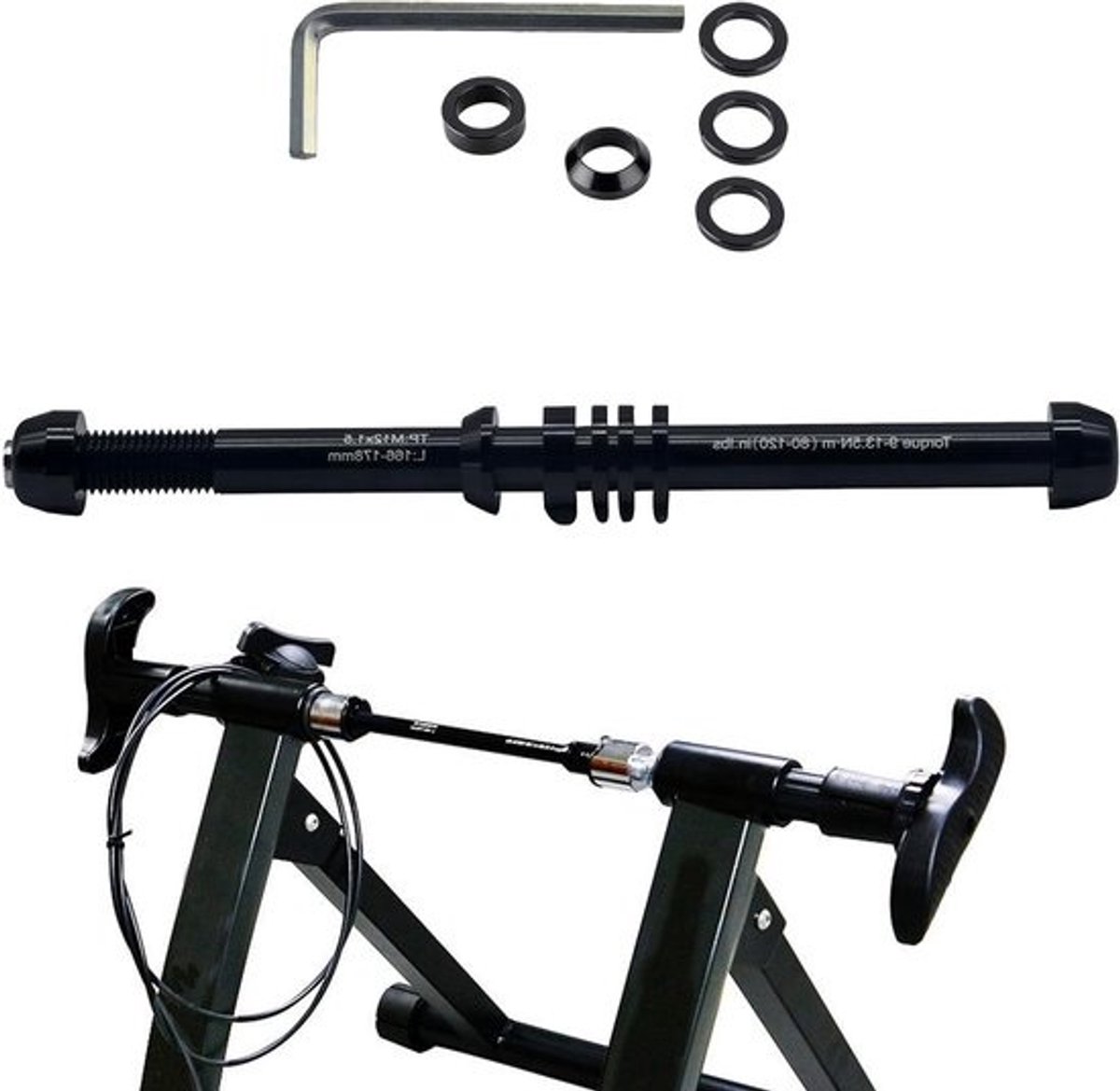 Pen voor rollentrainer - Achterwieladapter - Indoor training - Verstelbare breedte - 135-148 mm - Zwart