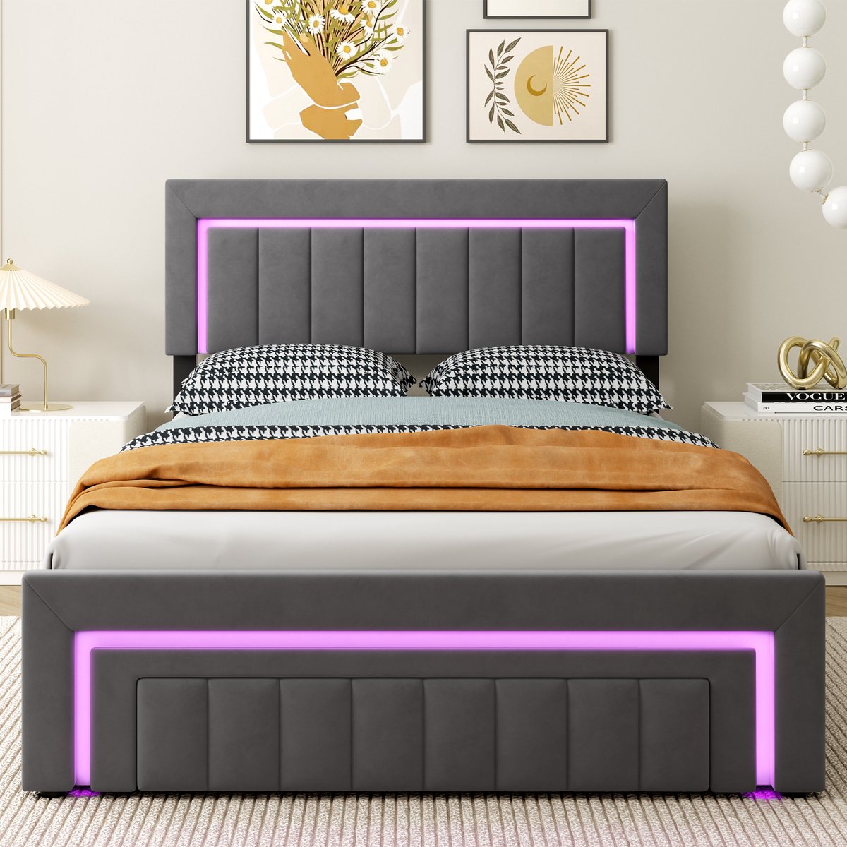WUVRIE Gestoffeerd bed 140x200 cm met LED-verlichting, hydraulische opbergruimte en lade, grijs zwart