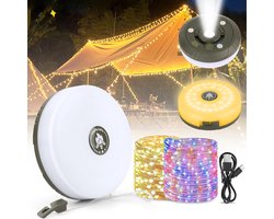 Lichtsnoer - Campinglichtsnoer - Oprolbare Campinglamp met 10m LED Lichtsnoer - Warm Wit + RGB - IP67 Waterdicht - USB Oplaadbaar - Draagbaar en Opbergbaar - Voor Buiten, Tent, Tuin en Camper - 1 stuk