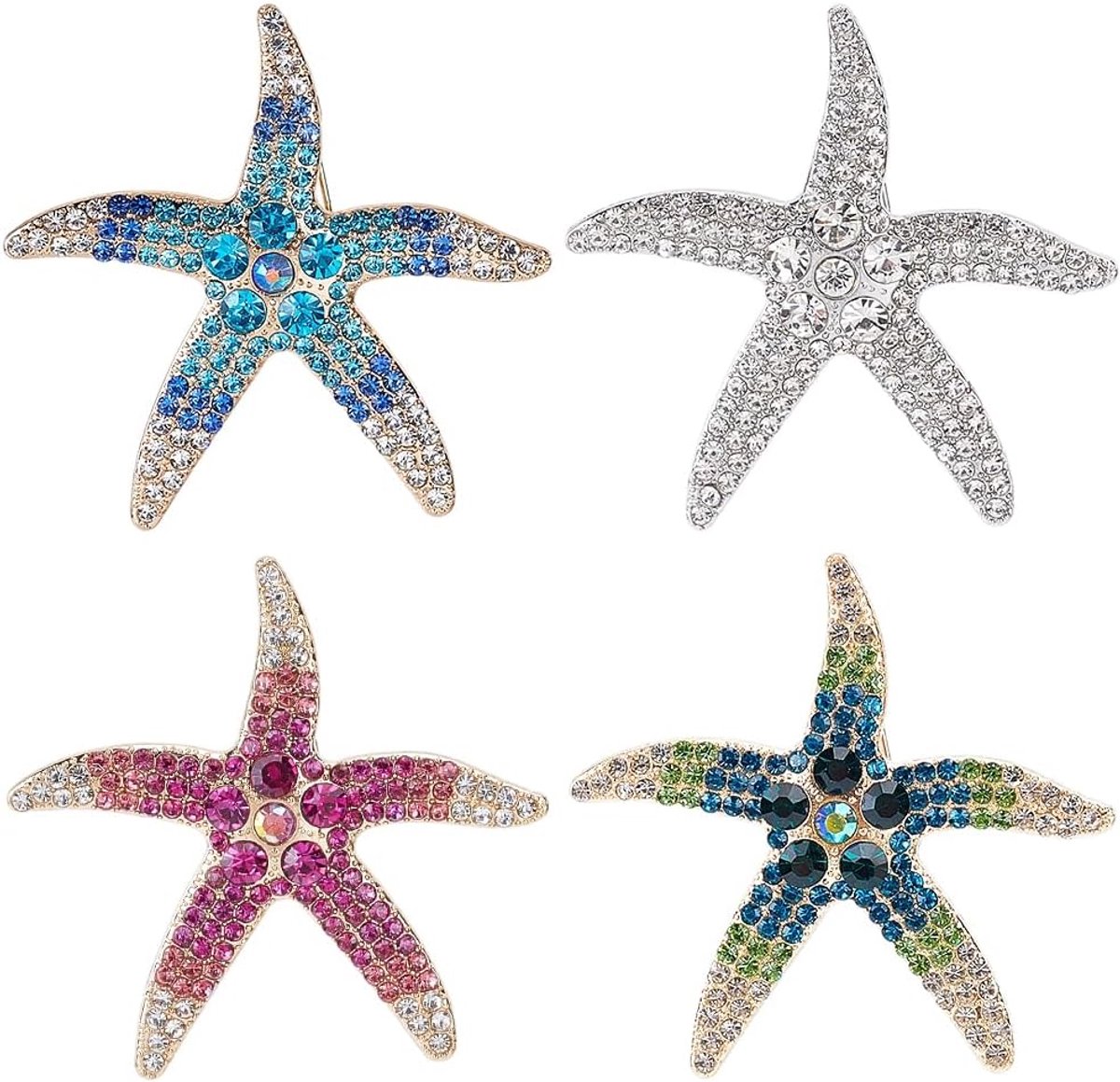 1 doos 4 stuks zeesterren set kleurrijke broches zeesterren speldjes oceaan zomer verguld goud glinsterende vorm strass broches kristal strand dier revers voor feestkleding jasje badge hoed