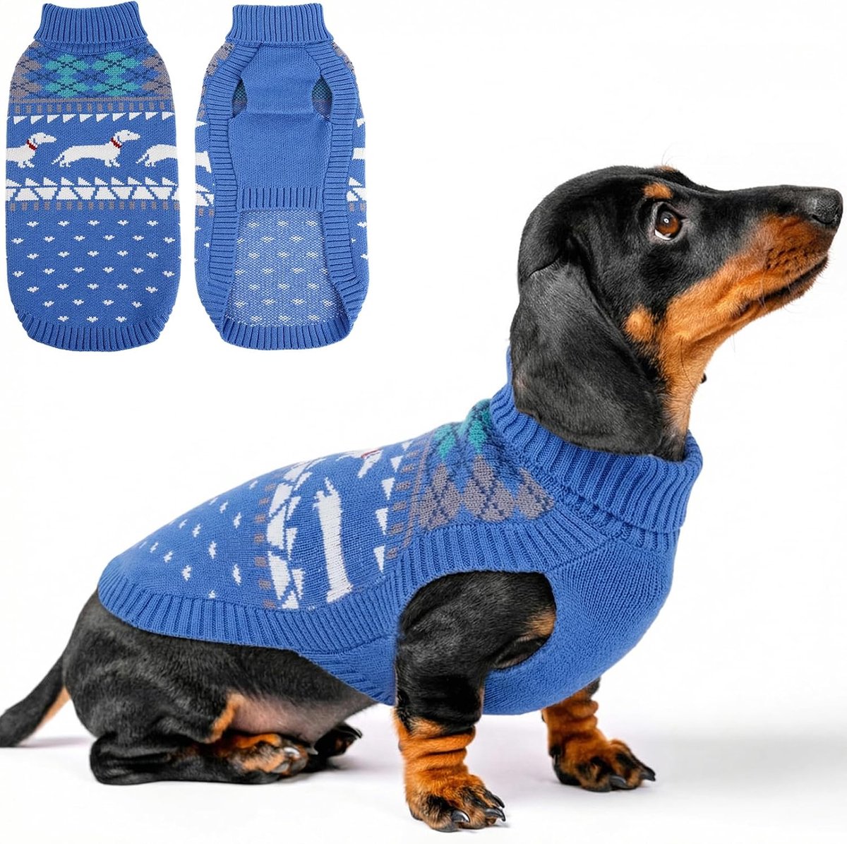 Hondentrui voor teckel, warme winterkleding, zachte gebreide hondentrui, winterhondenvest, ademende sweater voor honden met rolkraag, rekbare hondentrui, lichtblauw, XS