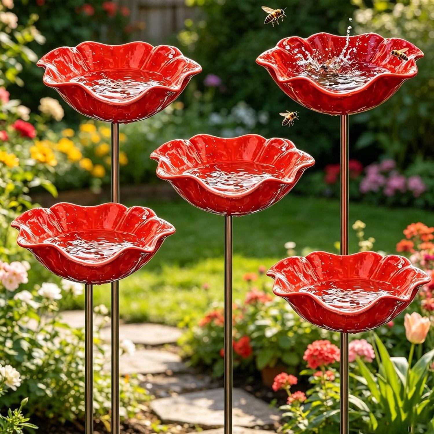 Vogelbad op Voet - Vogelhuisje op Paal - 5 Stuks - Rood