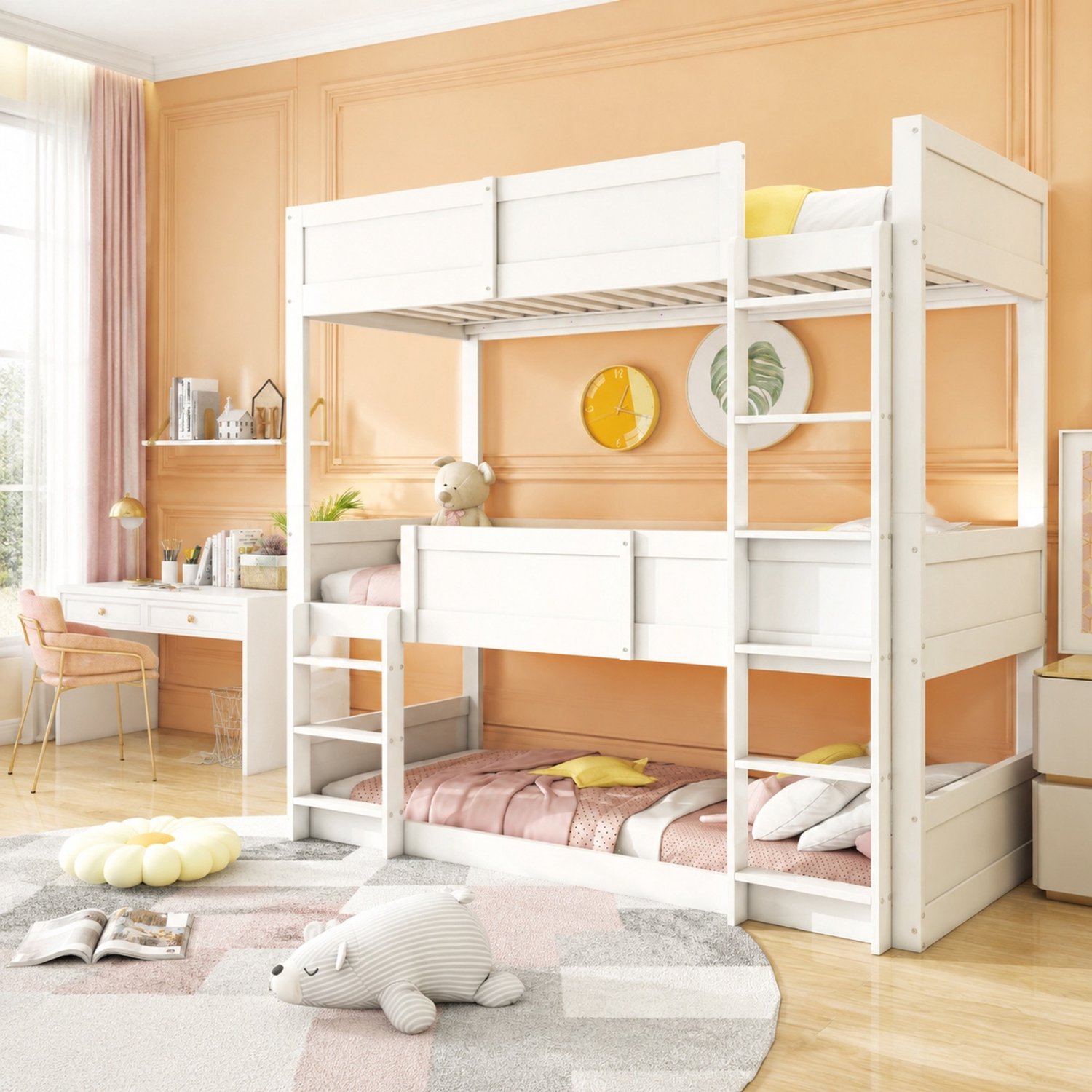 WUVRIE Stapelbed voor kinderen 90x200 cm - 3 slaapplaatsen, om te bouwen - Wit