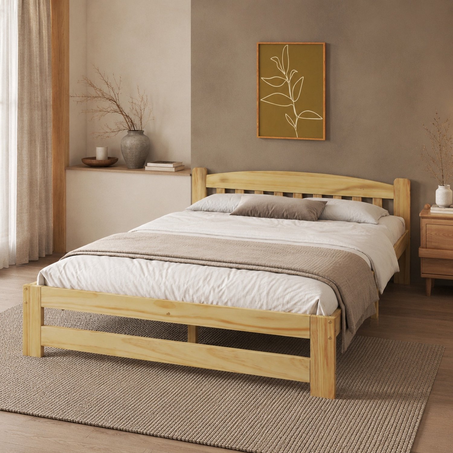 WUVRIE Tweepersoonsbed 140x200 cm - Grenenhout met lattenbodem en hoofdbord - Naturel