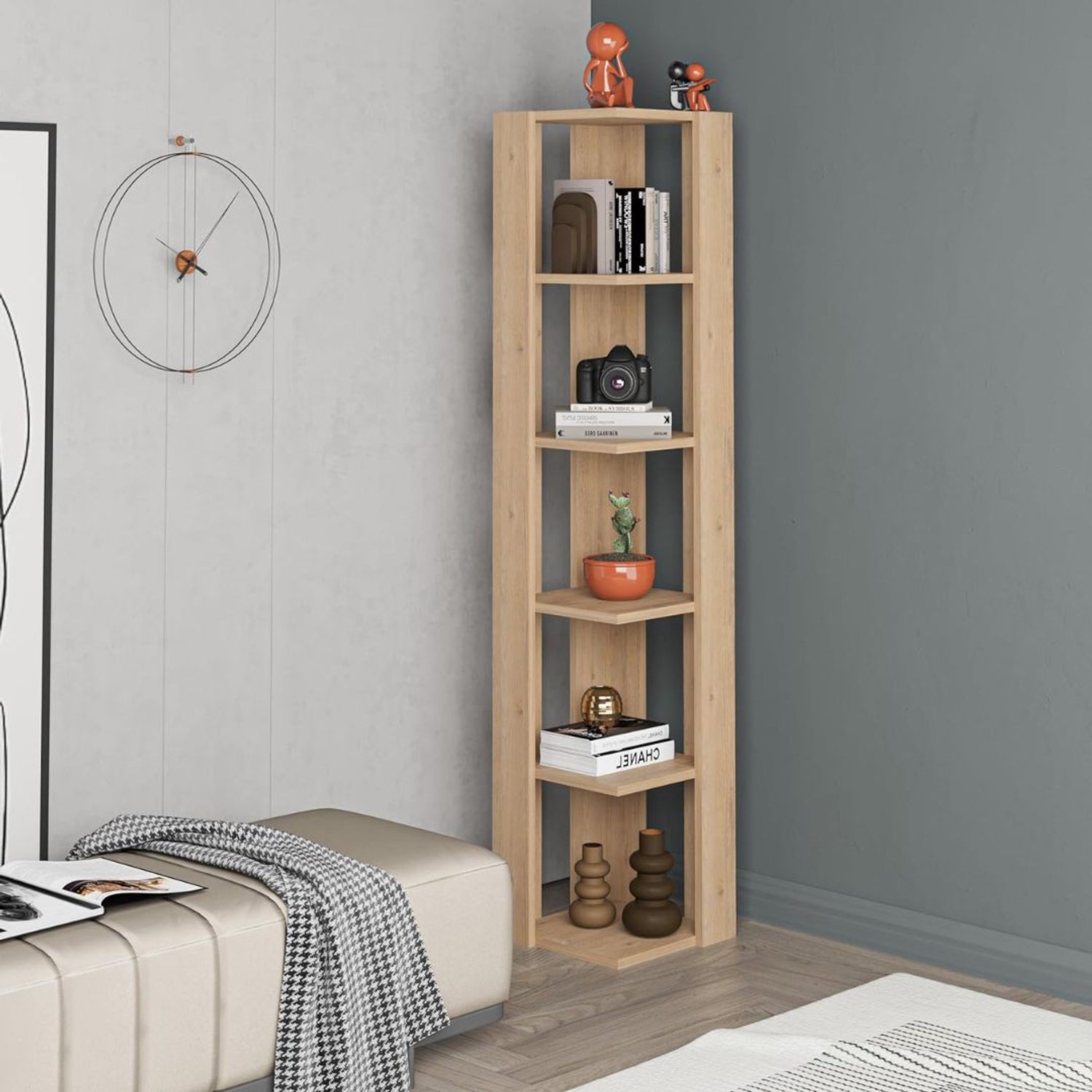 Wandplank - Houten Plank Wandmontage - Hoekrek Display Decor - Hoekplank - Organizer voor Slaapkamer Keuken Badkamer - 5-Laags - Eik