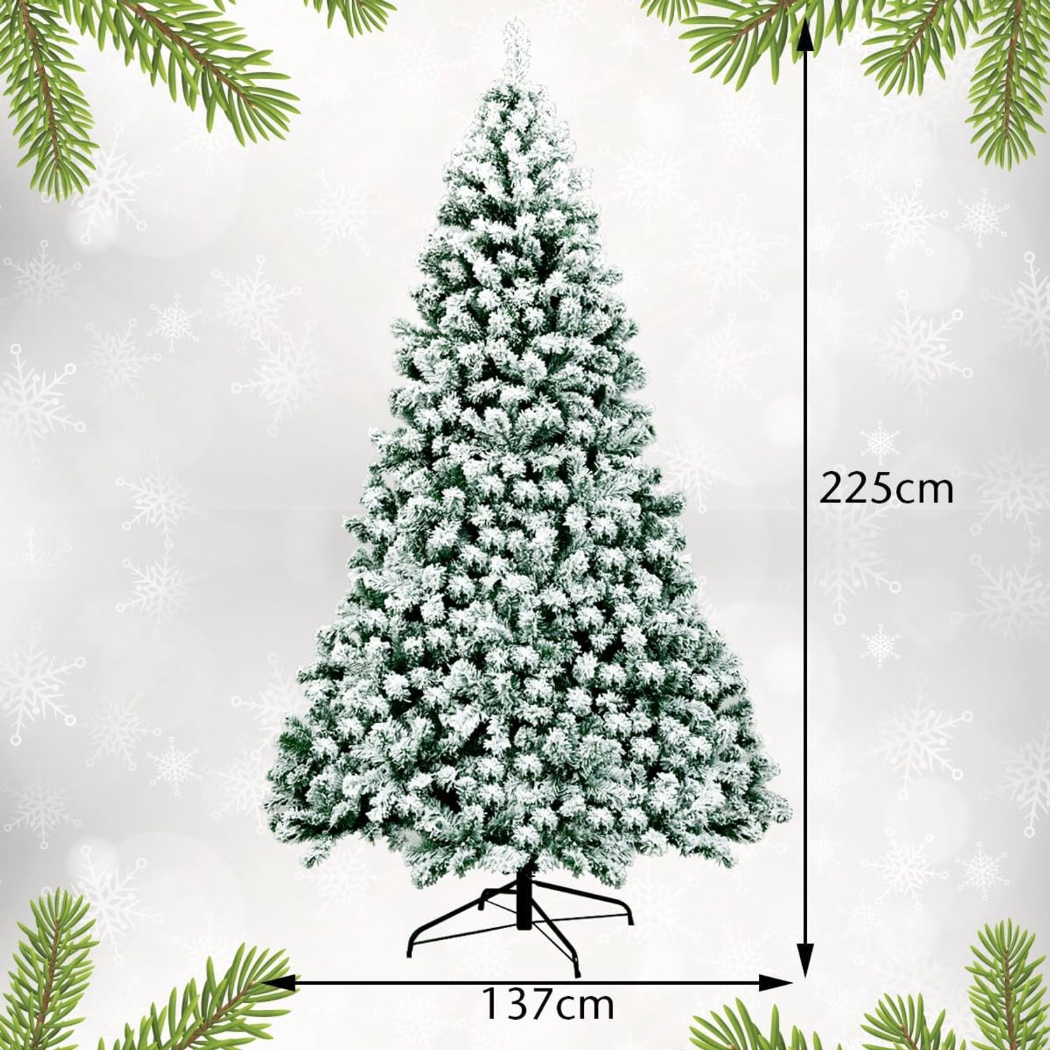 KOMFOTTEU Kunstkerstboom met leds, warmwit - kunstdennenboom wit met sneeuw - decoratieve boom voor Kerstmis, pvc-naalden en metalen standaard (225 cm) – foto 4