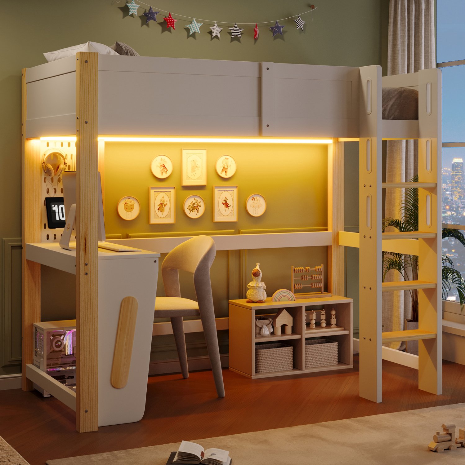 OKWISH Hoogslaper 90x200 cm - met Bureau en Verlichting - met Gaatjeswand en Ladder - voor Kinderkamer - Hout en MDF - Zonder Matras - Naturel en Wit Wit en naturel