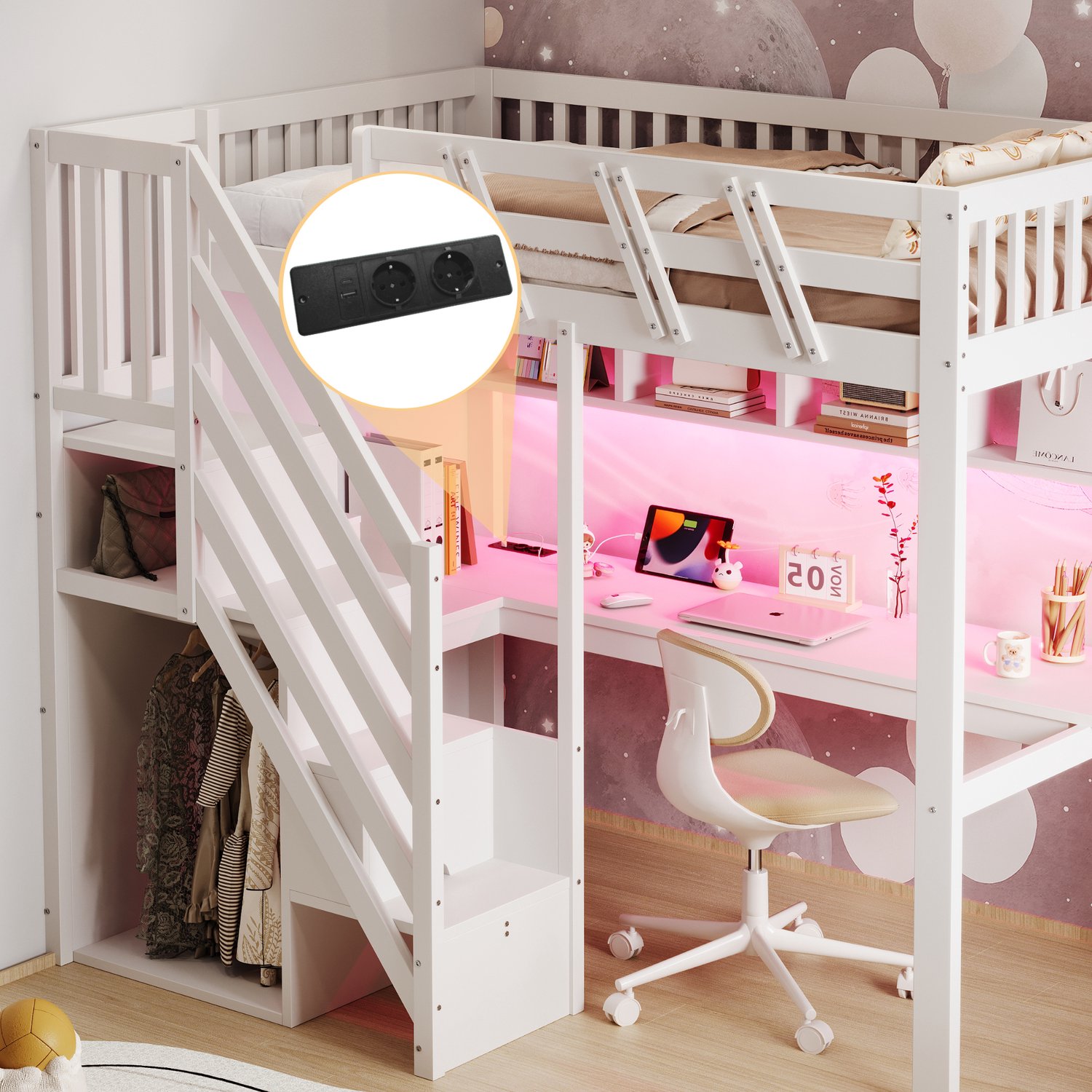 WUVRIE Hoogslaper 90x200 cm - Met bureau, opbergtrap, LED-verlichting en stopcontacten - Wit