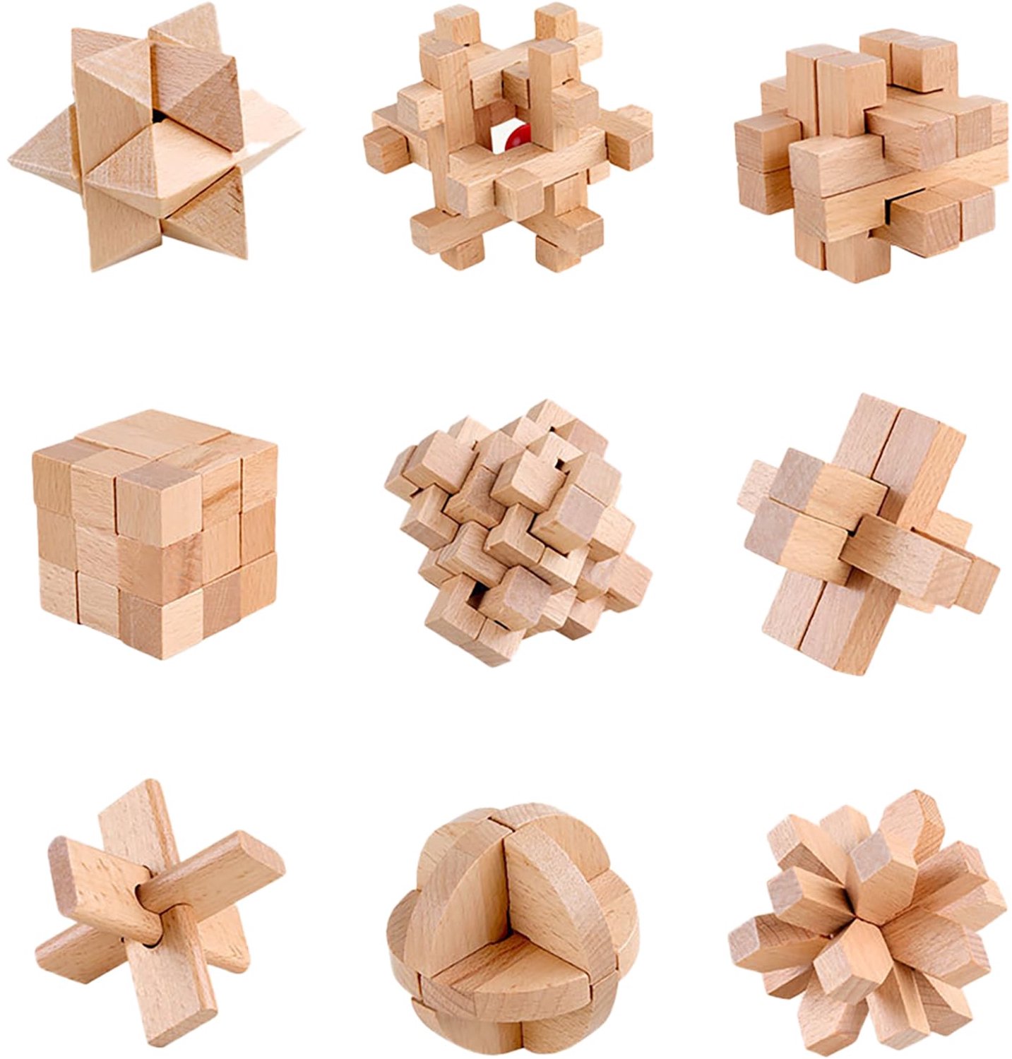 Set van 9 Houten 3D Puzzels voor Breintraining