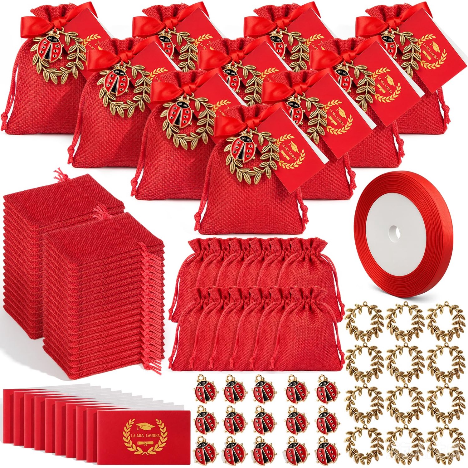60 Sets Afstudeercadeautjes met Rode Jute Zakjes en Wenskaarten voor Feestjes