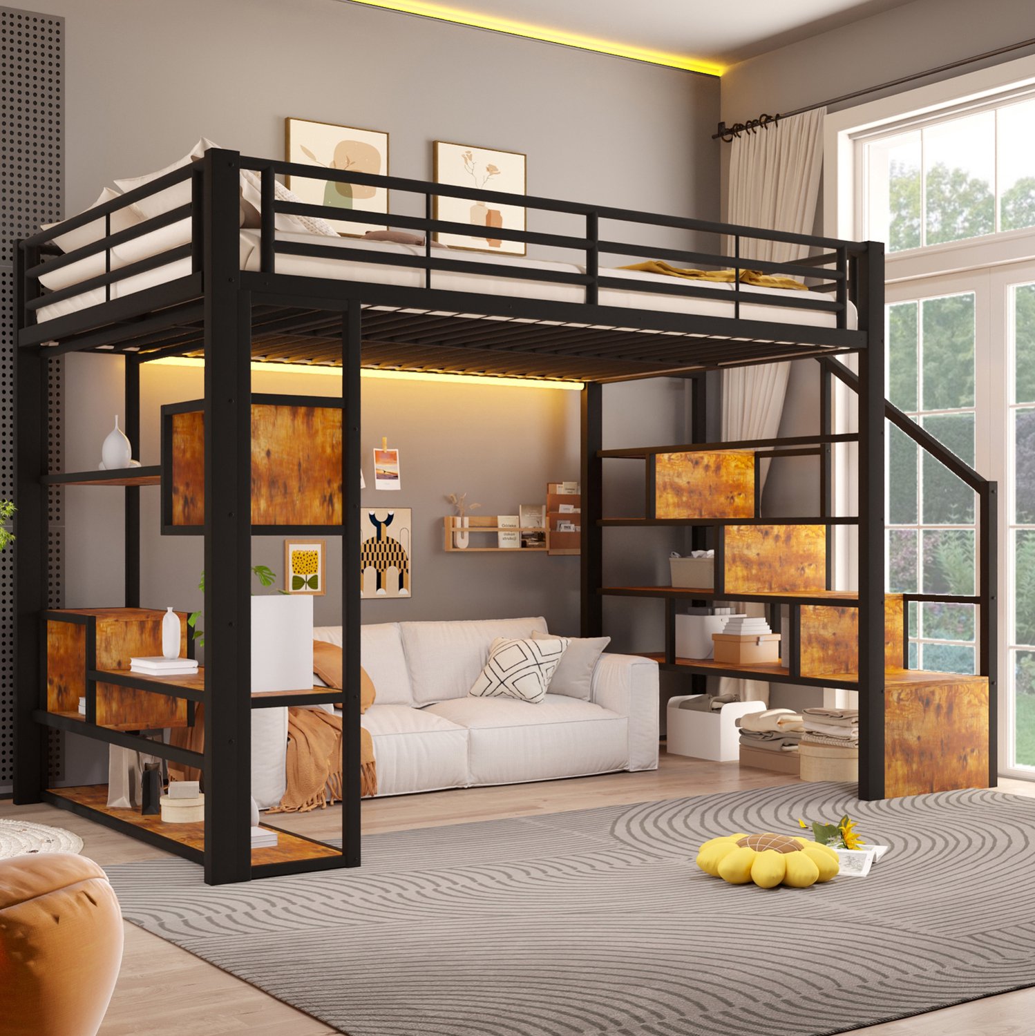 STILVORA Hoogslaper 140 x 200 cm – Trap met Opbergruimte – Valbeveiliging en Ledverlichting – Kinderkamer – Metaal en Mdf – Zonder Matras – Zwart