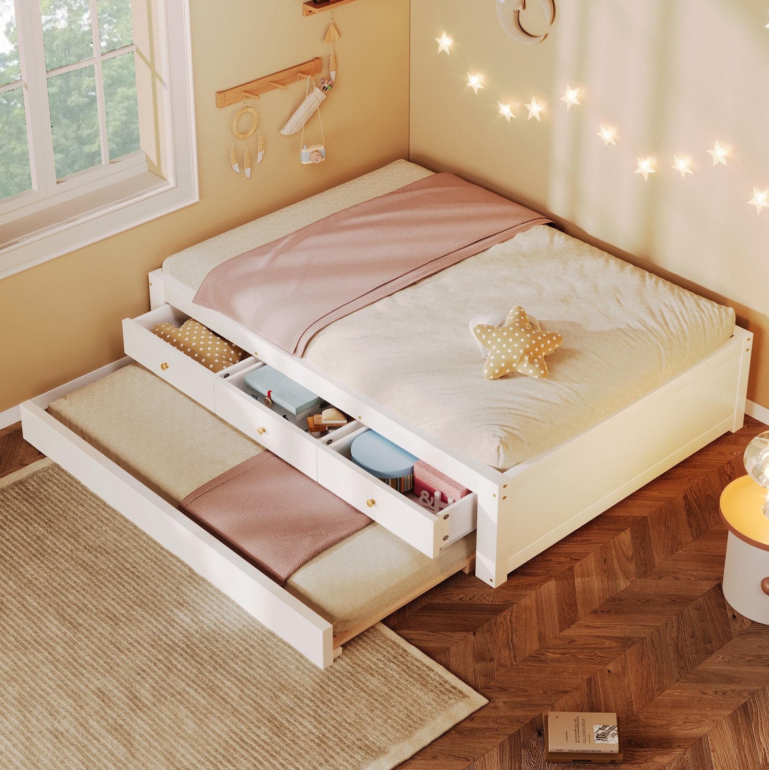 OKWISH Houten Eenpersoonsbed 90x200 cm - Uitschuifbaar Logeerbed 90x190 cm - Drie Opberglades - Voor Slaap- en Logeerkamer - Wit - Zonder matras