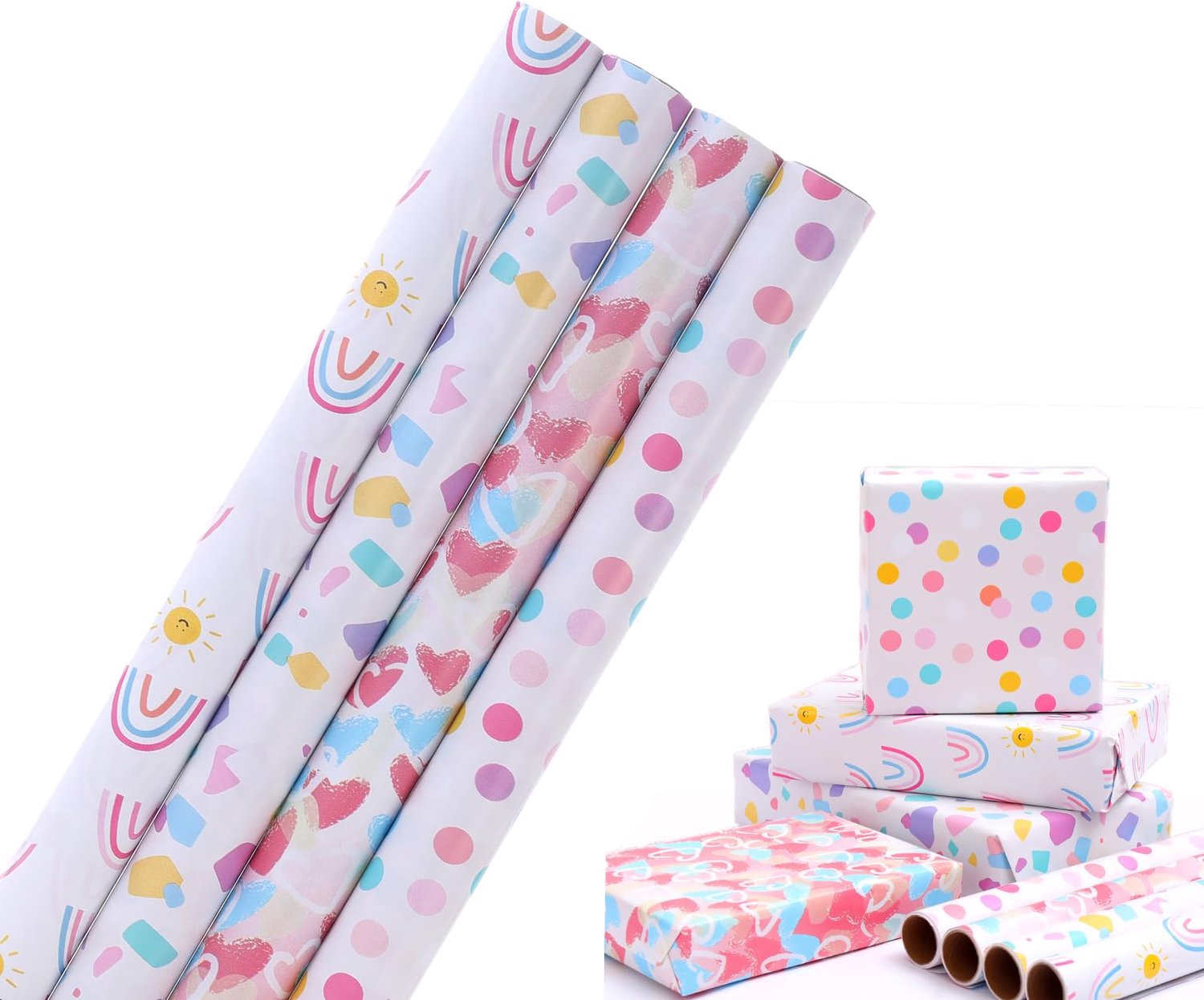 Set van 4 Cadeaupapier Rollen met Regenboogpatroon