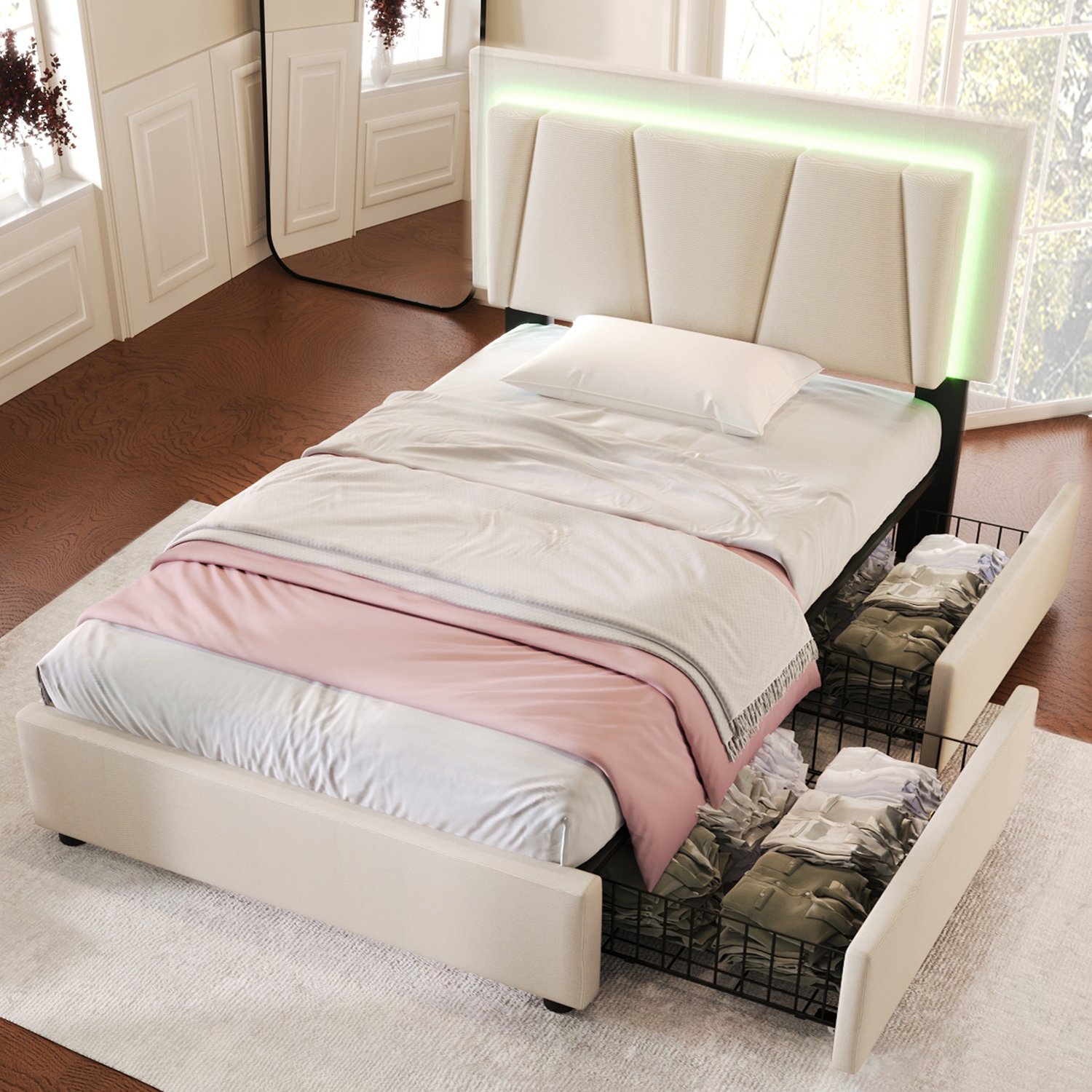 WUVRIE Eenpersoonsbed 90x200 cm - Verstelbaar hoofdeinde, LED-verlichting en 2 lades - Beige