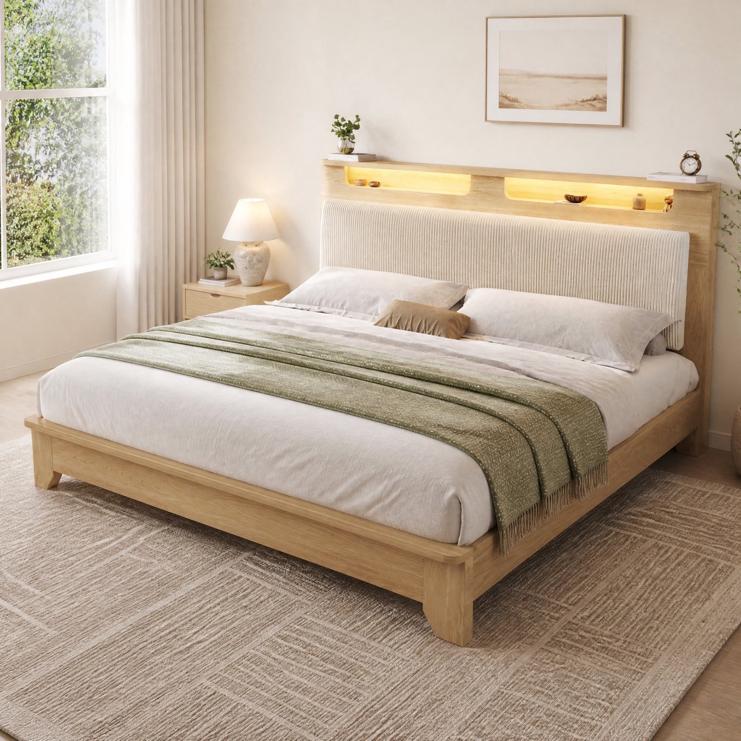 WUVRIE Tweepersoonsbed 160x200 cm - Hoofdbord met opbergruimte en LED - Inclusief matras - Eiken/beige Eikenlook