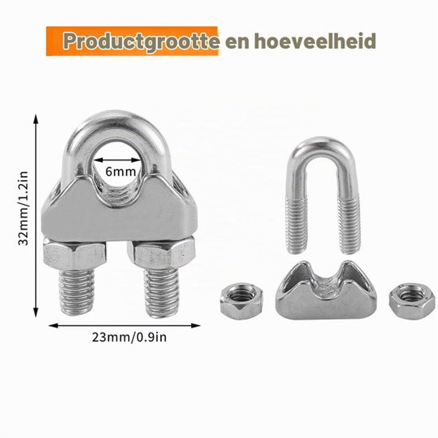 18 stuks M6 staaldraadklemmen, 304 roestvrij stalen kabelklem, DIN741 kabelklem M6, roestvrijstalen U-klemmen met borgmoeren, voor staaldraad, waslijn, spandoeken en touwbevestiging