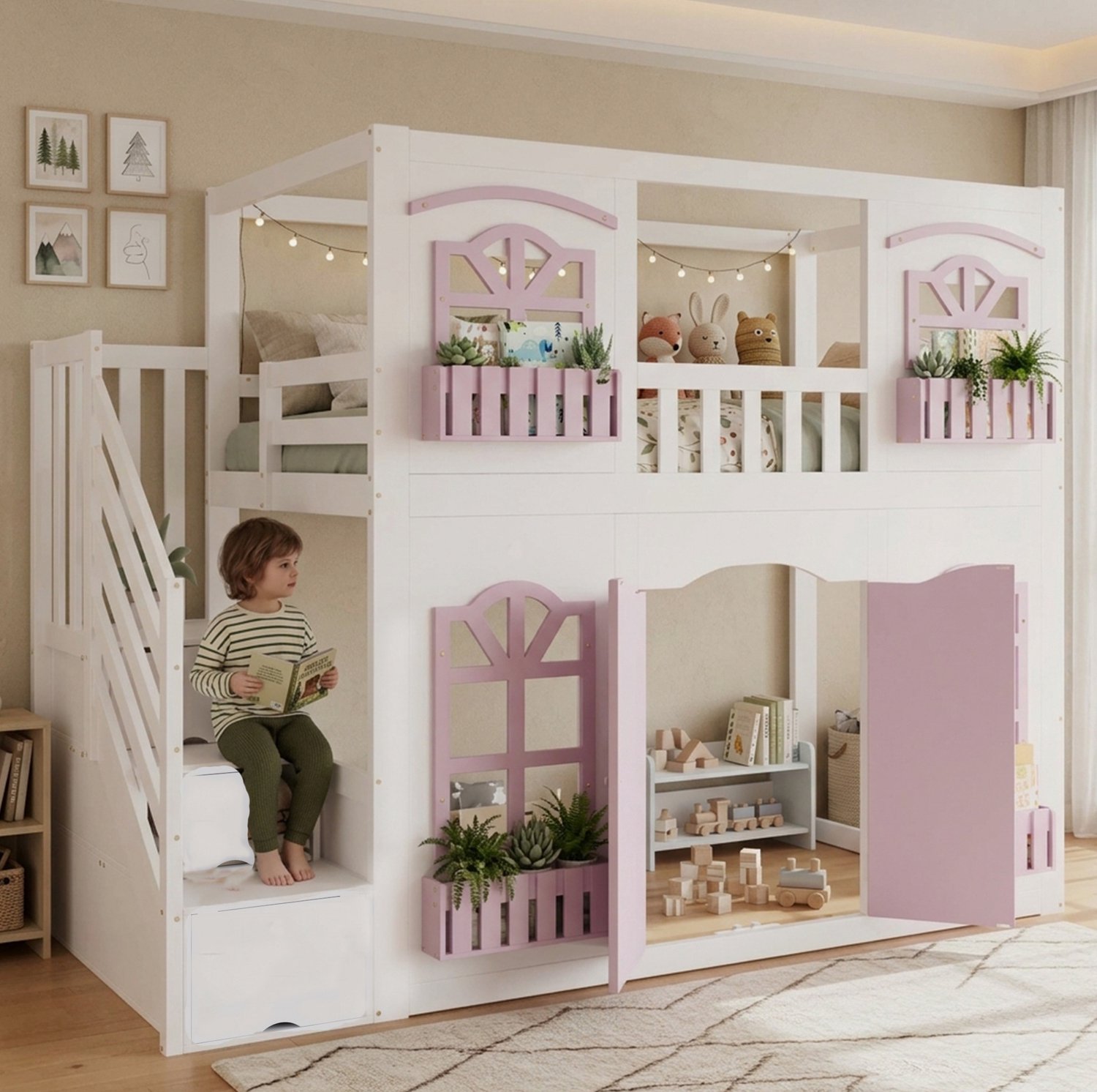 OKWISH Kinderstapelbed 90 x 200 cm - Huisbed met Acrylramen - Trap met Opbergruimte - Speelruimte Onderin - Hout en MDF - Wit en Roze - Zonder Matras