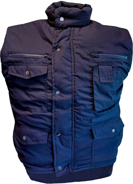 Donkerblauwe Oxxa Essential bodywarmer met opstaande kraag, drukknopen en diverse borst- en steekzakken met rits.