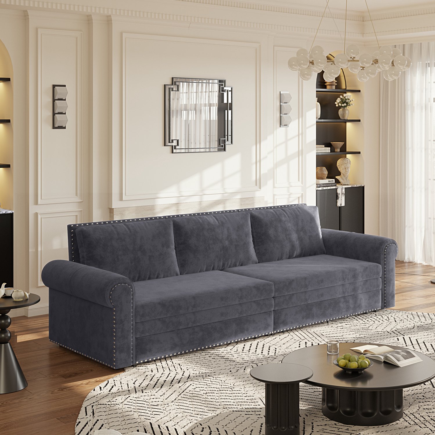 MIVRAY Slaapbank 238 x 90 x 98 cm - Uitschuifbaar met Drie Functies - Voor Woonkamer en Logeerkamer - Fluweel - Grijs